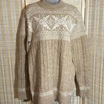 Vintage Tan White Snowflake Pattern Ribbed Braided Tight Knit Sweater Large Photo 0