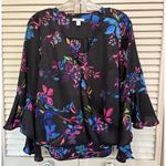 Bar III  Satin Black/Multi‎ Floral 3/4 Flutter Sleeve Blouse Size M Wrap Front Photo 0