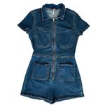 Free People  Women’s Lennox Crvy Blue Denim Shortsuit Jeans Collared Romper Sz 12 Photo 2