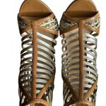 Nine West SZ 7 in Box Tan Leather 4" STILLETO Heel PEEP TOE Snakeskin Metallic Photo 3