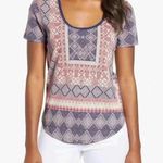 Lucky Brand Size Large Border Print Tee Shirt Blue Bohemian Aztec Scoop Neck Photo 2