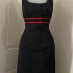 Vintage Y2K Office Siren Vixen Corporate Gothic Baddie Black Pinstriped Mini Dress Red Polka Dot Bow Square Neck Sleeveless Fitted Bodycon #Dark #Academia #Preppy #Schoolgirl Photo 0