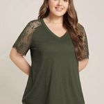 Bloomchic  Solid Contrast Lace Raglan Sleeve V Neck T-Shirt Army Green 14-16 Photo 0