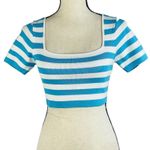 ZARA Medium Cropped Top Striped Square Neck Knit Stretch Short Sleeve Teal Blue Photo 0