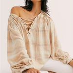 We The Free We The Free Plaid Peasant Top Boho Lace Up Long Sleeve Oversized Blouse Large Photo 0