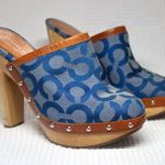 Coach Vintage Blue Signature Logo Bacall Wood Leather Clog Mule Heels Shoes 5B Photo 1