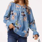 Loft Popover Blouse Light Blue Metallic Floral Photo 0