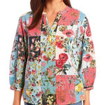 John Mark John‎ Mark 3/4 Sleeve Split V- Neck Floral Patchwork Bohemian Blouse Photo 0