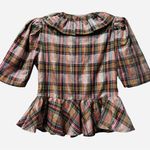 Saylor New Ilene Metallic Ruffle Peplum Puff Sleeve Blouse Pink Plaid Print L Photo 4