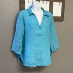 Isaac Mizrahi  New York Turquoise V-Neck Linen Pullover Collared Shirt- Small Photo 2