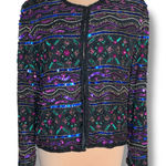 Vintage Collarless Beaded Silk Evening Jacket Black Purple Teal Sequin Elegant Size 14 Photo 0