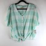 Style & Co Top Tie Front Oversized Cotton Linen Blend Gingham Plaid Mint Green M Photo 0