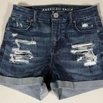 American Eagle Dark Blue Distressed Stone-Washed Cuffed High-Waisted Denim Jean Shorts Bottoms Size 0 π€ Photo 0