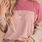 Ribbed Loose Long Sleeve Top Women's Small Casual Cute Sweater Textured Pink Tan Photo 0