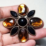 Bijoux New York Designs Orange Black Rhinestone Brooch Signed 2" Vtg Brass Photo 0
