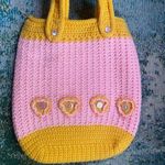 Vintage handmade crochet pink flower button tote Yellow Photo 1