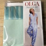 Olga Pajama Set Womens Medium Green Solid Short Sleeve Shirt Striped Satin Pants Photo 0