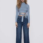 ZARA  Open Back Mock Neck Self Tie‎ Bow Blue Knit Sweater Size Medium Photo 1