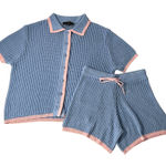 ZARA  Women's Small Knit Lounge Set Blue Pink Trim Short Sleeve Button Top Shorts Photo 0