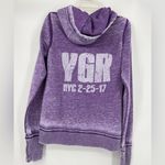 J. America Zen purple zip up hoodie with Kangaroo pocket,random‎ info on back, sz s Photo 1