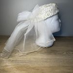 Vintage Wedding Veil Hat White Cream Faux Pearl Lace Double Veil Beaded Photo 2