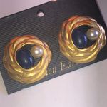 Elegant Vintage Gold Tone and Navy Blue Earrings with Faux Pearl Accent Photo 2