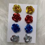 4 Large Metallic Rose Metal Stud Earrings Flawed Gold Photo 2