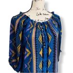 Yumi Kim 100% Silk Geometric Peasant Blouse Blue Mustard Print Size S Photo 2