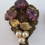Antique Gold Tone Metal Purple Rhinestones Faux Pearl Dress Clips Photo 0
