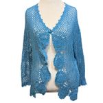 Koret 1X Crochet Knit Pastel Teal Blue Cardigan Sweater Top Boho Beach Whimsy Photo 1