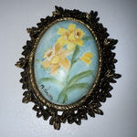 VTG Yellow Flowers Floral Hand Painted Porcelain Brooch Pendant Pin Gold M.Smith Photo 0