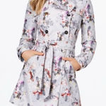 Guess Grey Floral Print Double Breasted Coat Womens S Belted Gray Photo 0