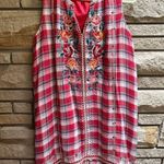 Johnny Was  Nadia Peasant Tank Dress Plaid Red Embroidered Boho Sleeveless Large Photo 3