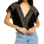 Free People Luca embroidered black v neck cross over cropped top size Medium Photo 0