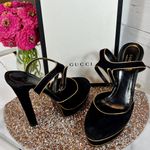 Gucci Black Suede w/ Gold Piping Huston Ankle Strap Platform Pumps Photo 0
