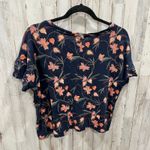 Loft  Navy Floral 100% Linen Ruffle Sleeve Shirt Blouse Womens Small Photo 5