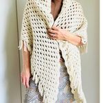 Vintage Hand Made Crocheted Knit Shawl Wrap Cream Fringe Bohemian Cottage OSFM Photo 2