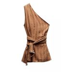 ZARA  One Shoulder Brown Striped Beaded Tie Waist Sleeveless‎ Blouse Size S NWT Photo 1