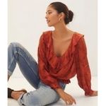 Anthropologie Textured Long Sleeve Floral Blouse in Crimson Rust Orange Sz L Photo 10