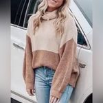 American Eagle mocha tan color block chunky knit turtleneck sweater size small Photo 1