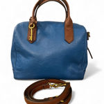 Fossil Vintage  Blue Leather Satchel Crossbody Bowling Bag Key Charm Brown Strap Photo 0