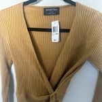 MINKPINK Phrada Ribbed Knit Wrap Cropped Cardi Top Gold Medium Photo 3