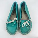 Vintage Sioux Mox Women's Suede Leather Tri Stitch Moccasins Turquoise Size 6 Blue Photo 4