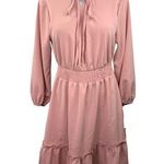 BROVAVE Pink Smocked Waist Ruffle Collar Tiered Peasant Midi A Photo 0