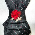 “Dainty Dapper”Black and Red Striped Tie Necklace w/ beautiful red rose brooch Black Photo 0