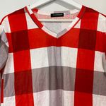 Suvimuga Women’s Long Sleeve V Neck Plaid Print Tee Shirt Red Grey & White NWOT Photo 1