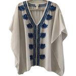 Chico's  Womens Size Small Medium White Blue V Neck Trim Kimono Blouse Top Photo 0