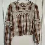 American Eagle Outfitters Brown Plaid Lace Blouse Photo 0