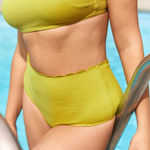 Aerie NWT  Waffle Scalloped High Waisted Bikini Bottom Womens Bright Green Size S Photo 0