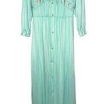 Vintage Texsheen Peignoir Nightgown Set Teal Blue Size M Shiny Long Floral 60/70 Size M Photo 0